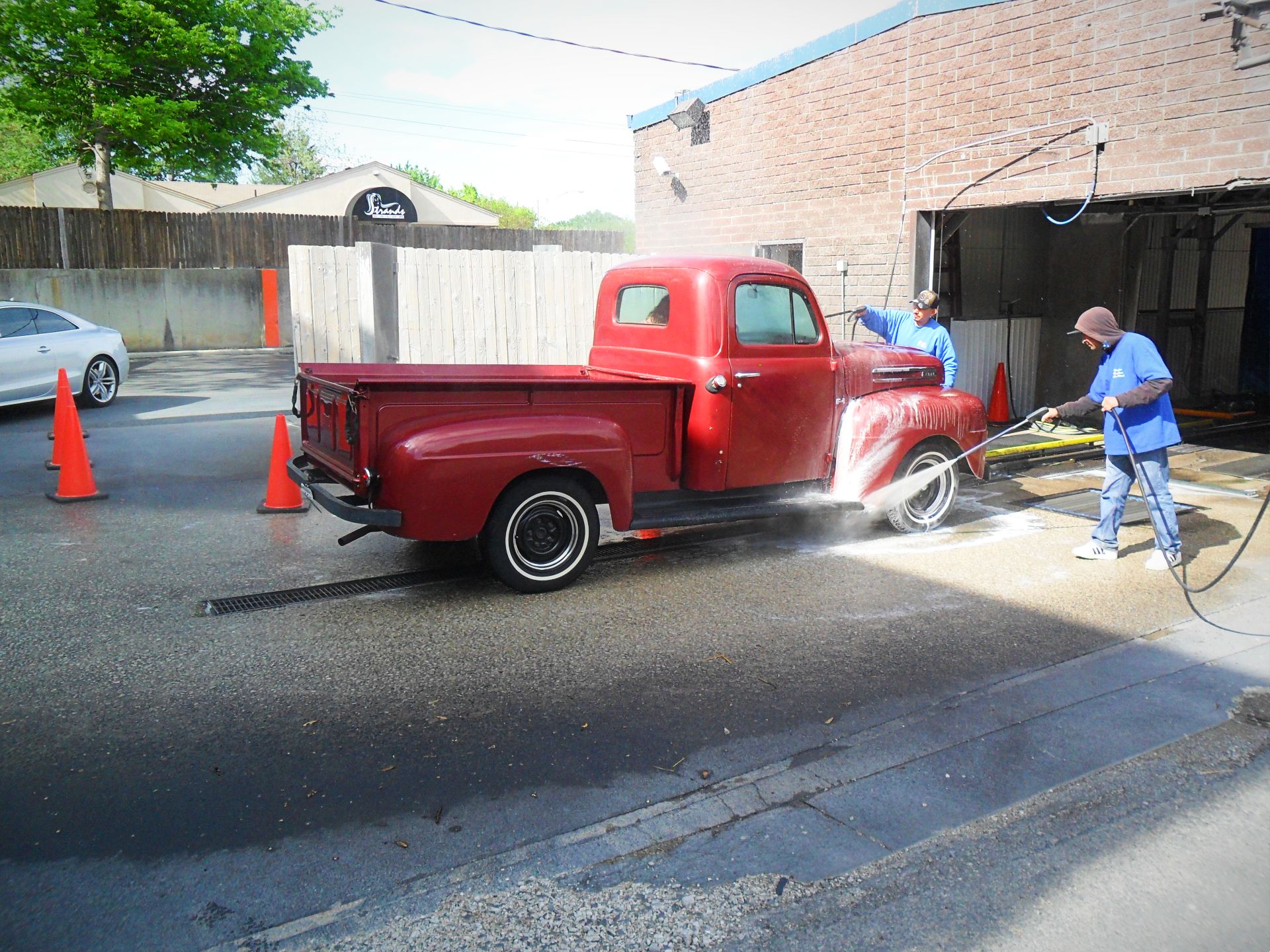 Rainbow Car Wash Step 1 of Wash of a Red Classic Truck in Kansas City